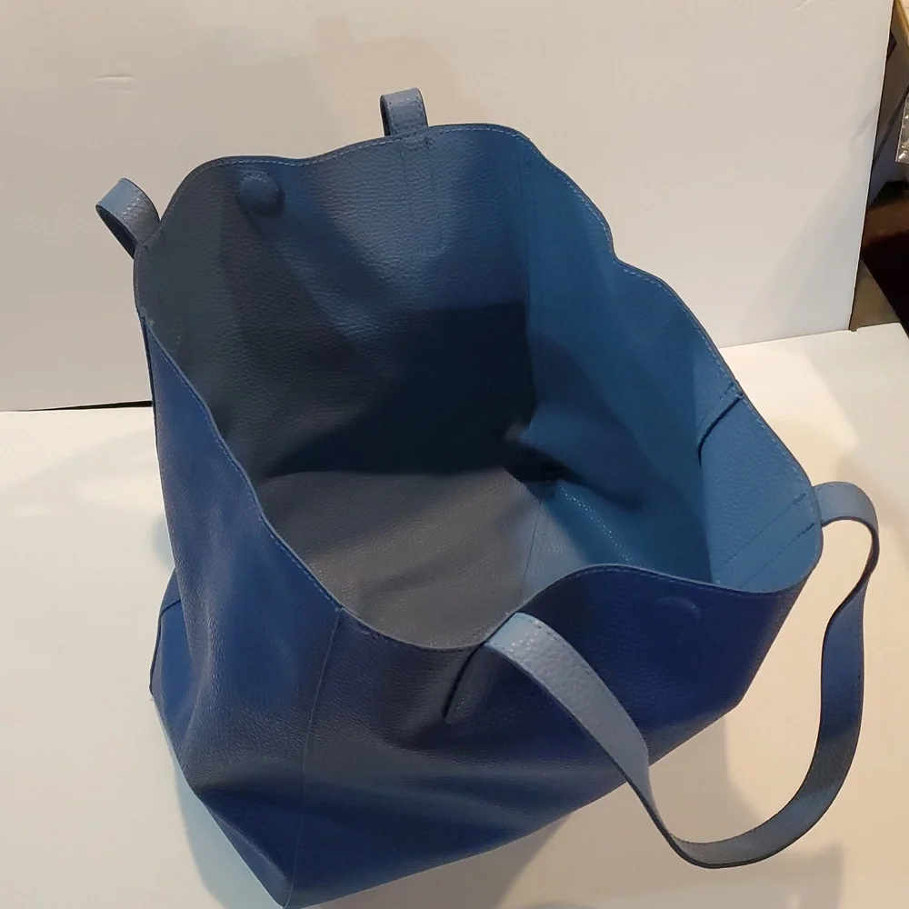 Reversible Blue Tote Bag Pebbled Faux Leather Dark & Light Blue Magnetic Closure